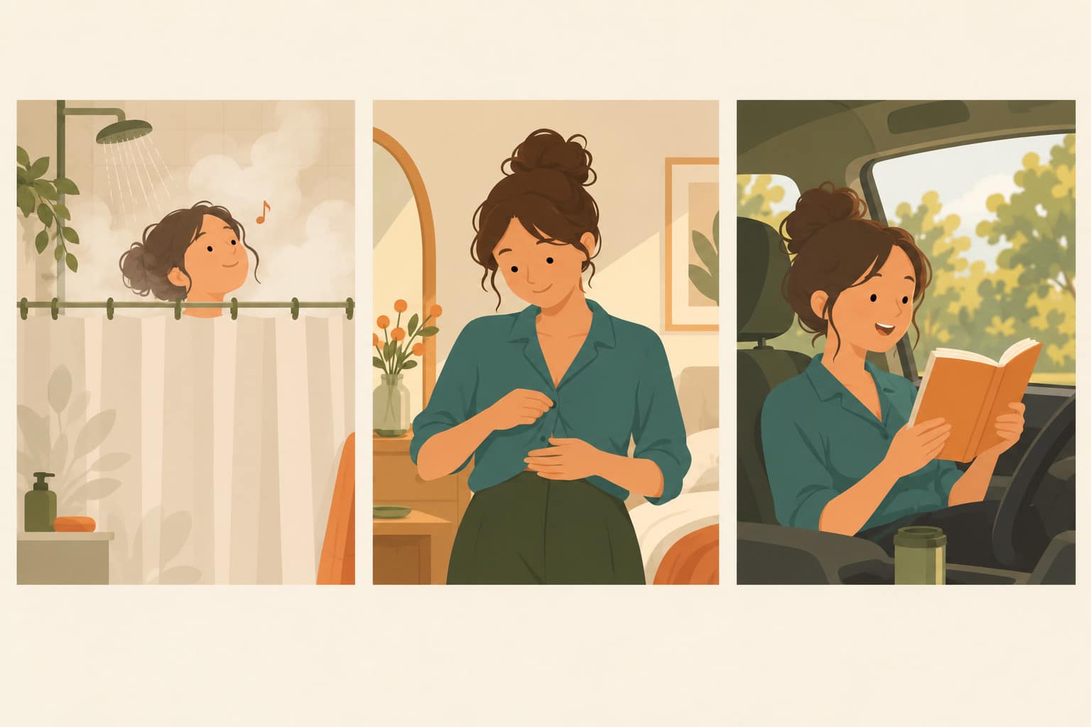 Cartoon in three panels of a woman in a teal blouse humming in the shower, breathing low while getting dressed, and reading out loud in her parked car