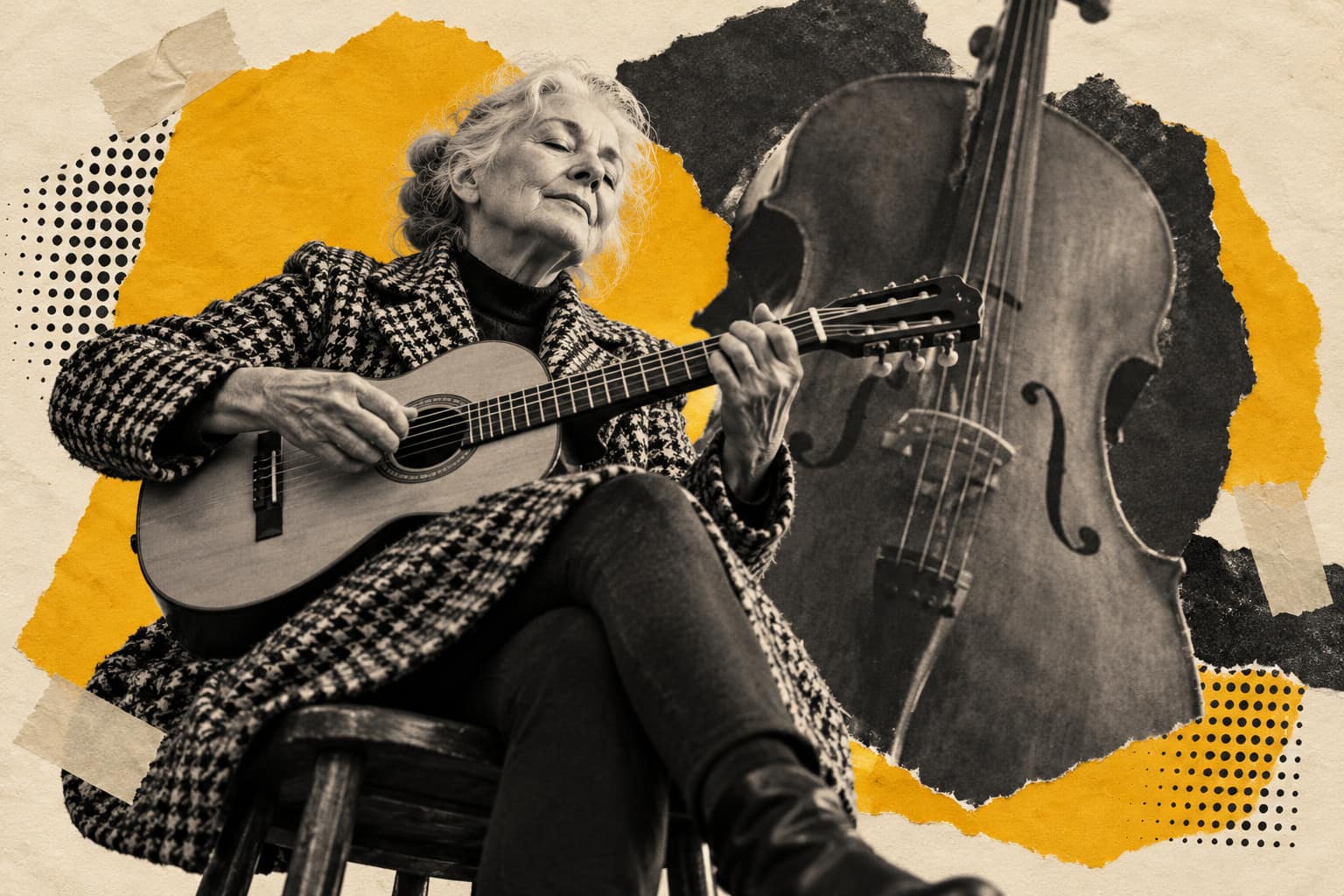 Collage of an older woman in a houndstooth coat playing a small guitar with care while a giant cello looms behind her