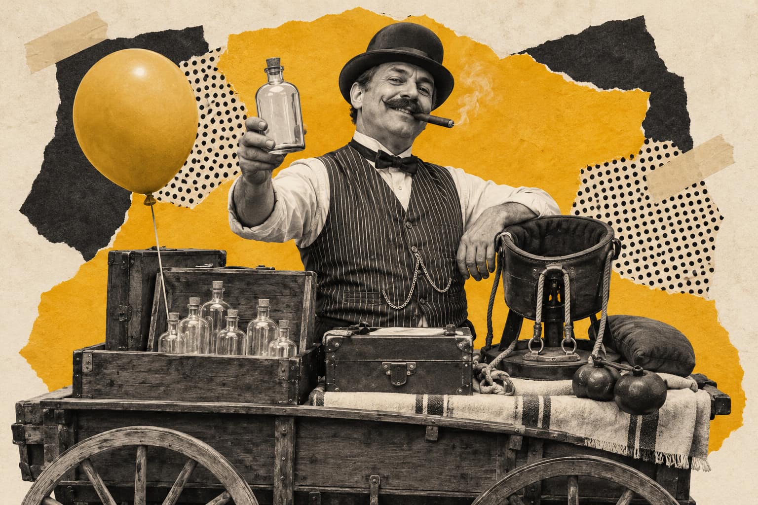 Collage of an old-time salesman in a striped waistcoat selling a blank miracle bottle, a cigar, a balloon and a neck harness from a cart