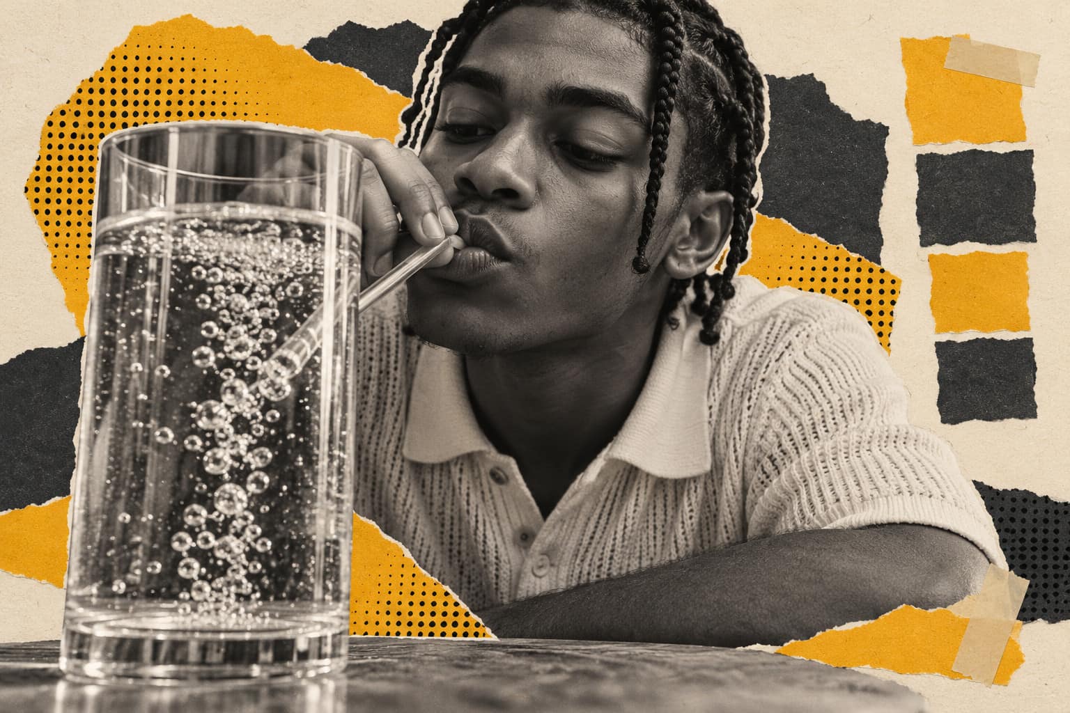Collage of a young man with braids humming through a straw into a glass of water, small steady bubbles rising