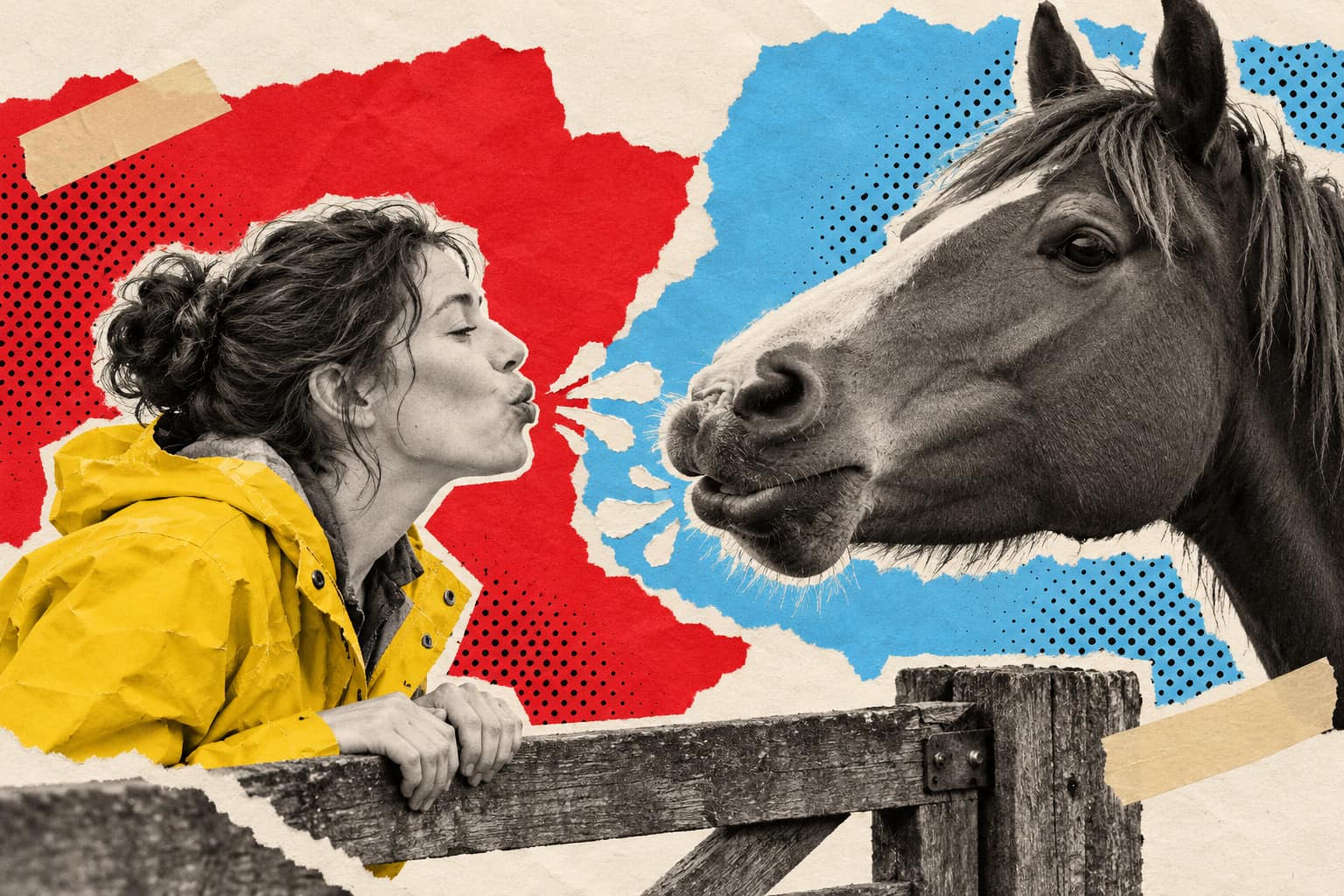 Collage of a woman in a yellow raincoat and a horse nose to nose over a gate, both blowing loose lip trills