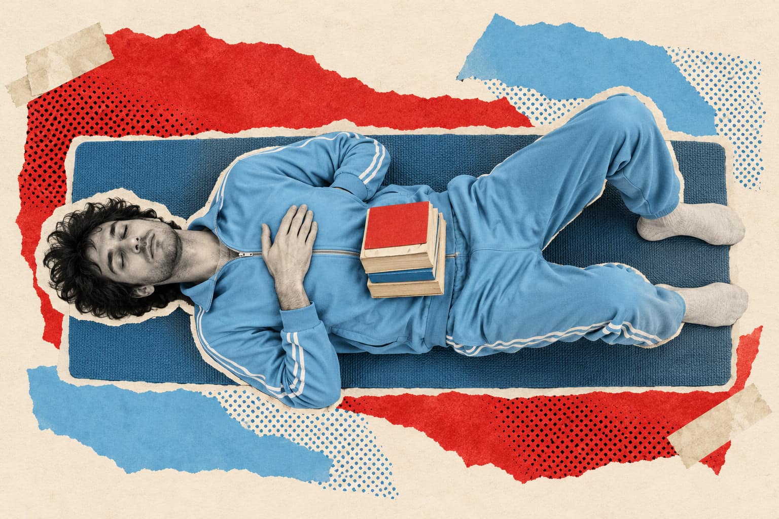 Collage of a man in a sky-blue tracksuit lying on a mat with his knees bent, a small stack of books rising on his belly as he breathes