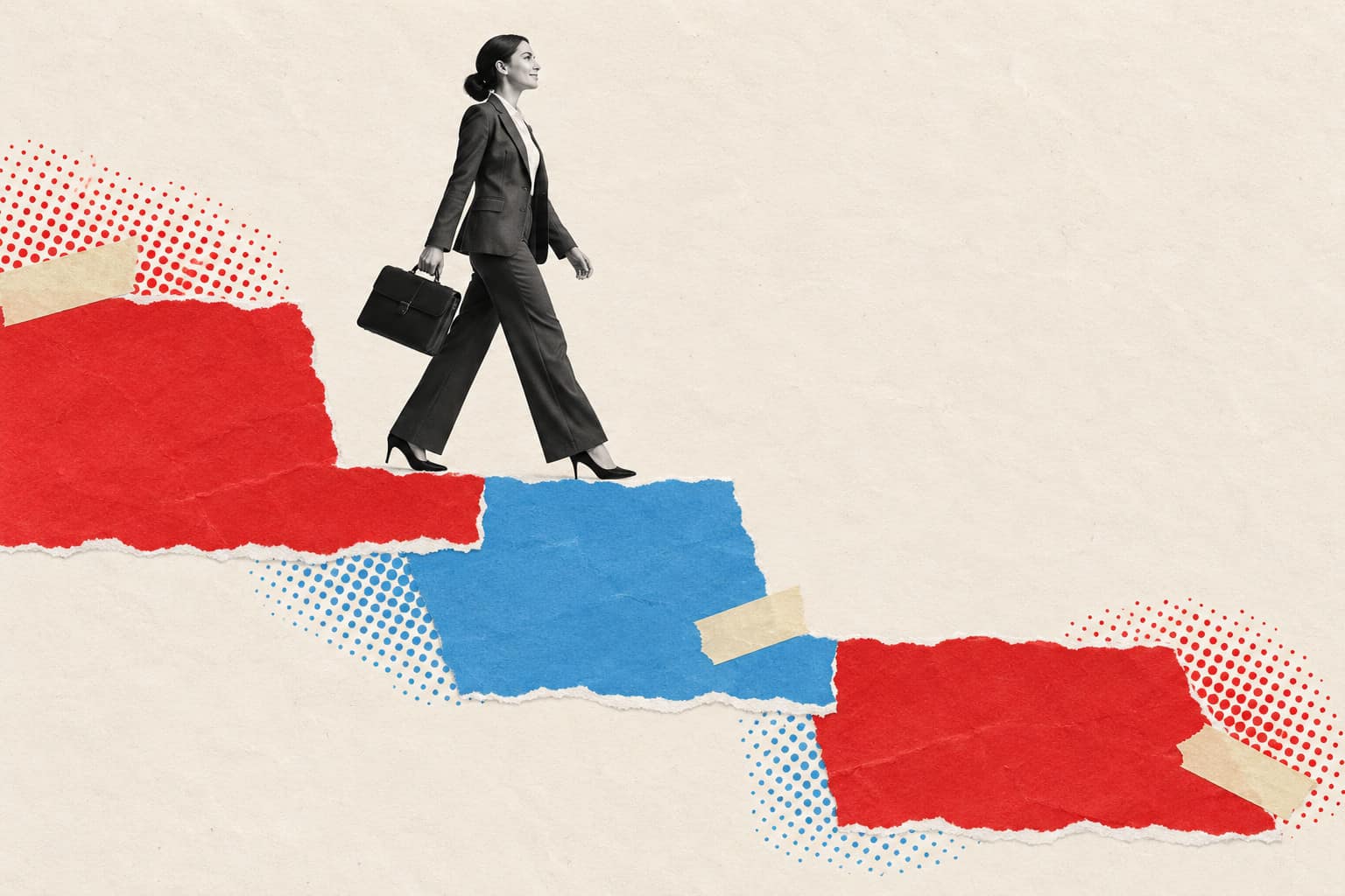 Collage of a businesswoman in a charcoal pantsuit walking calmly down three steps with her briefcase