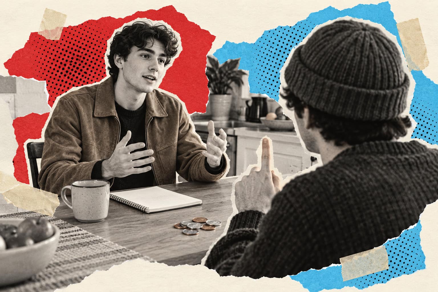 Collage of a young man in a suede jacket practising a talk while a friend in a beanie raises one finger to count his fillers