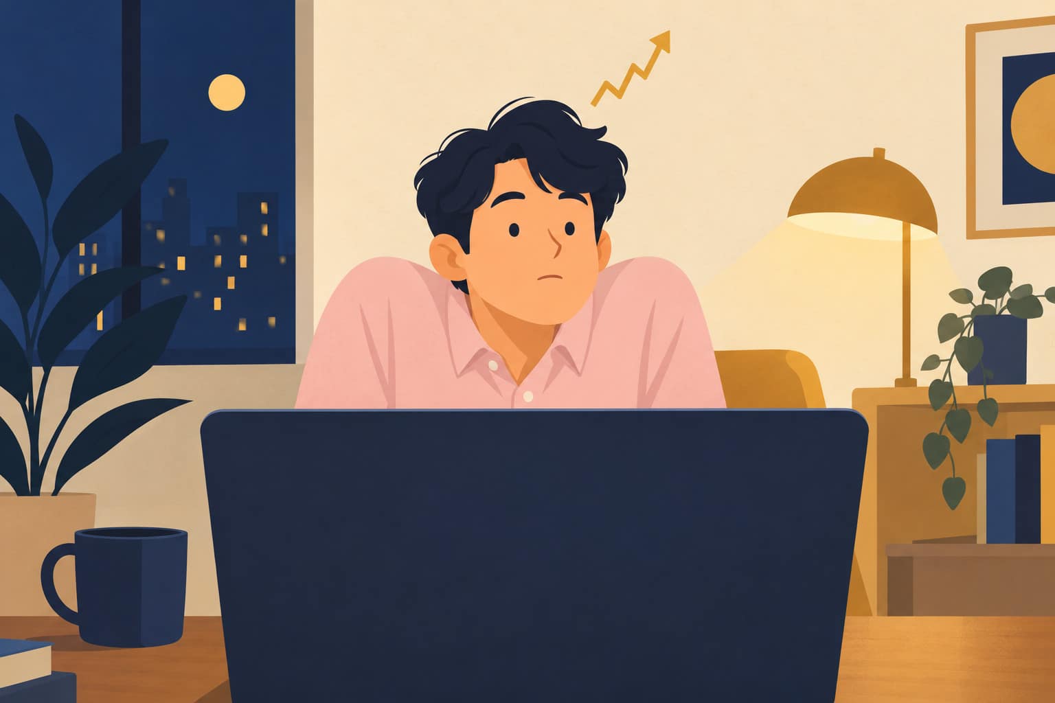 Cartoon of a young man in a pink shirt on a video call, shoulders up by his ears, a zigzag line climbing above his head
