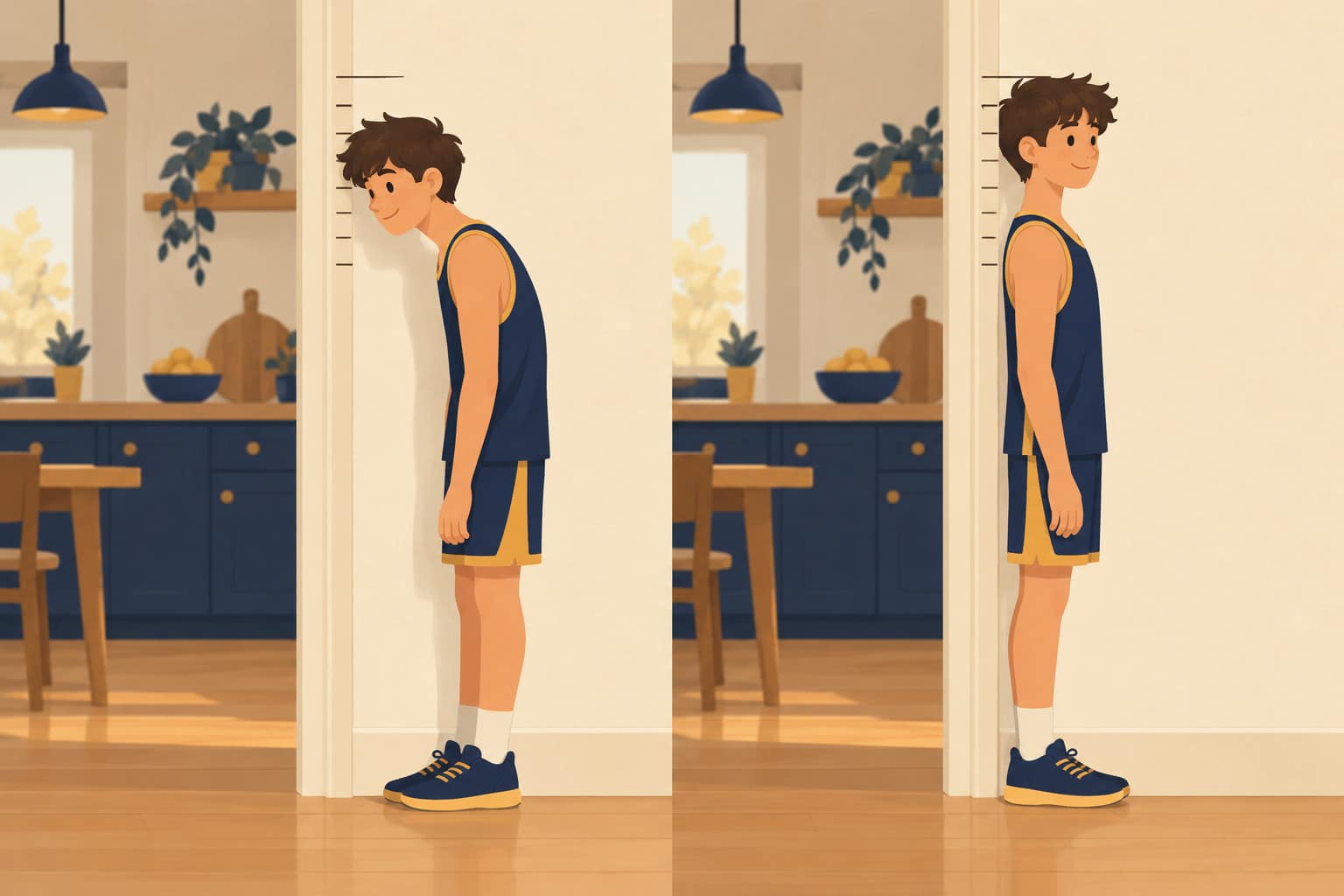 Cartoon of a teenage boy shown twice against a door frame, slouching and then standing tall, his height the same both times