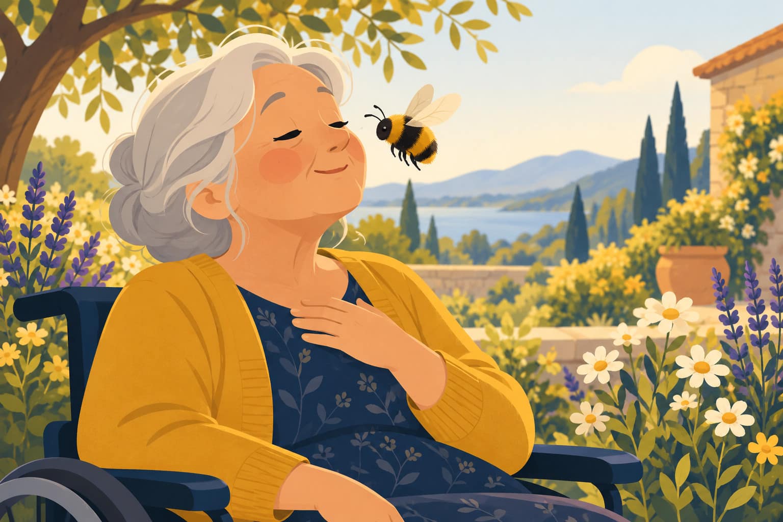 Cartoon of an older woman in a wheelchair and a mustard cardigan humming in a garden, hand on her chest, a bumblebee hovering by her nose