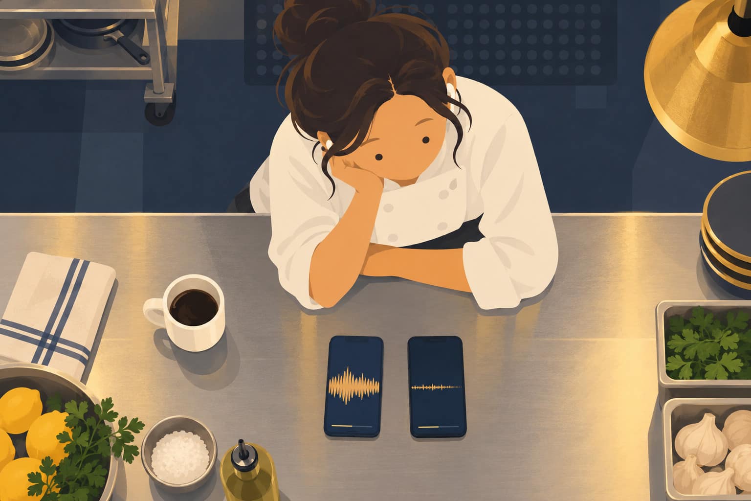 Cartoon of a woman in a white chef's jacket on her break, listening to two phone recordings side by side on a steel counter