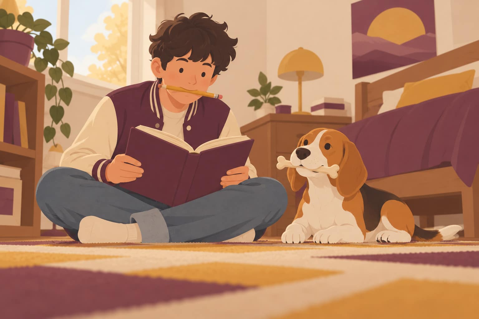 Cartoon of a teenage boy reading out loud with a pencil sideways in his teeth, his beagle beside him holding a bone the same way