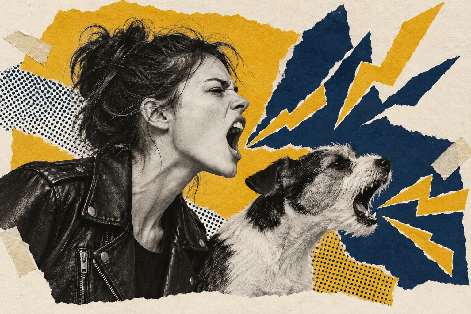 Collage of a young woman in a leather jacket calling out with a tense neck next to a barking terrier in the same pose