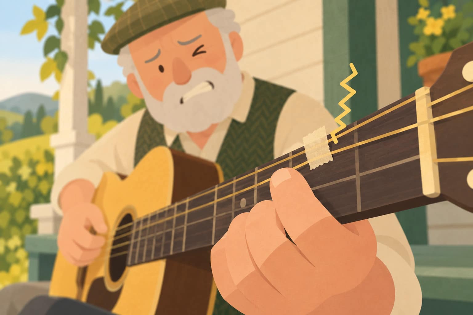 Cartoon of an older man in a tweed waistcoat wincing as he plucks a guitar string with tape stuck to it