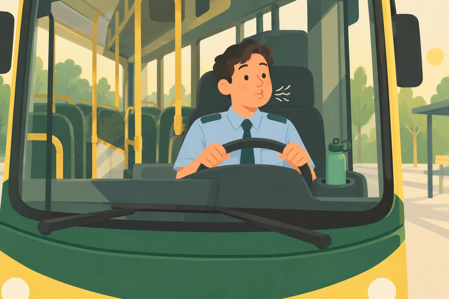 Cartoon of a bus driver in a pale blue shirt doing a lip trill in the driver's seat, a water bottle beside him