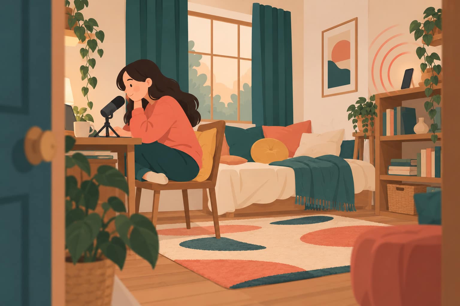 Cartoon of a young woman in a coral sweatshirt leaning close to a desk mic in a cosy room, a phone on a far shelf surrounded by echo rings