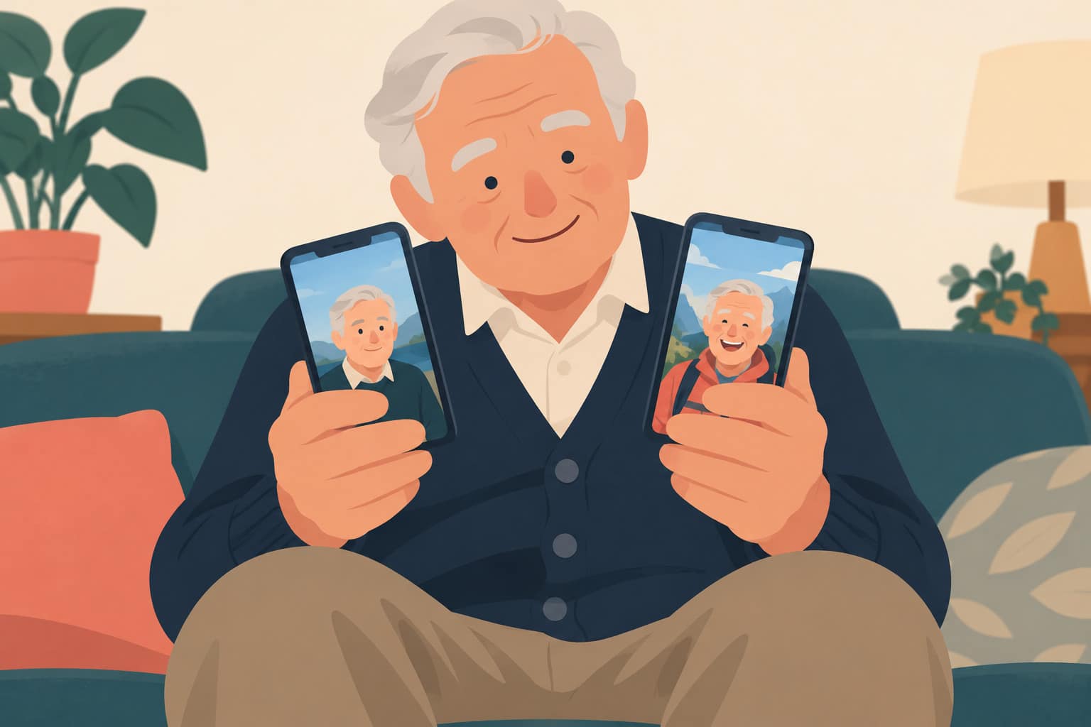 Cartoon of a retired man in a navy cardigan on a sofa comparing two phones showing an early and a later video of himself