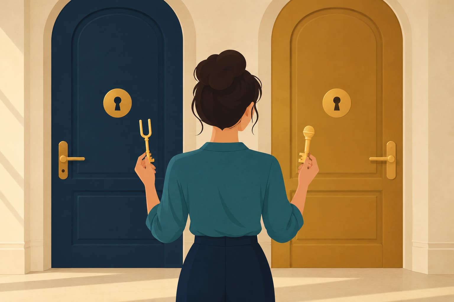 Cartoon of a woman in a teal blouse choosing between two doors, holding a tuning-fork key and a microphone key