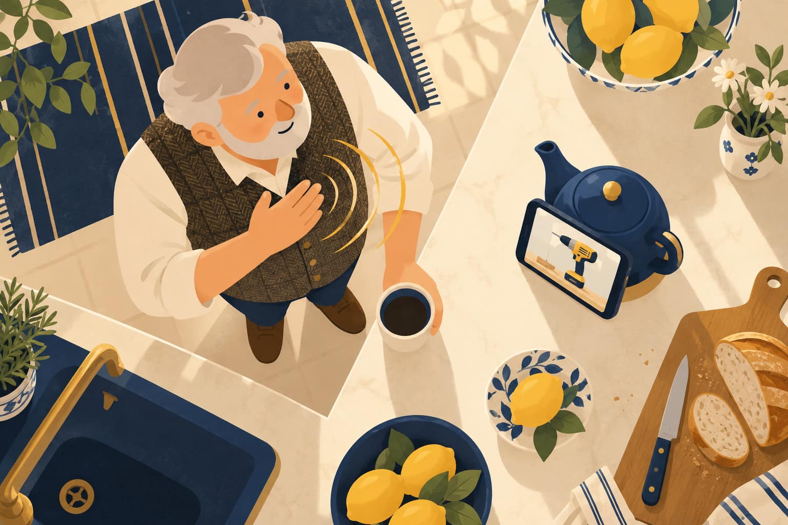 Cartoon of an older man in a tweed waistcoat humming with a hand on his chest, his phone propped against a teapot