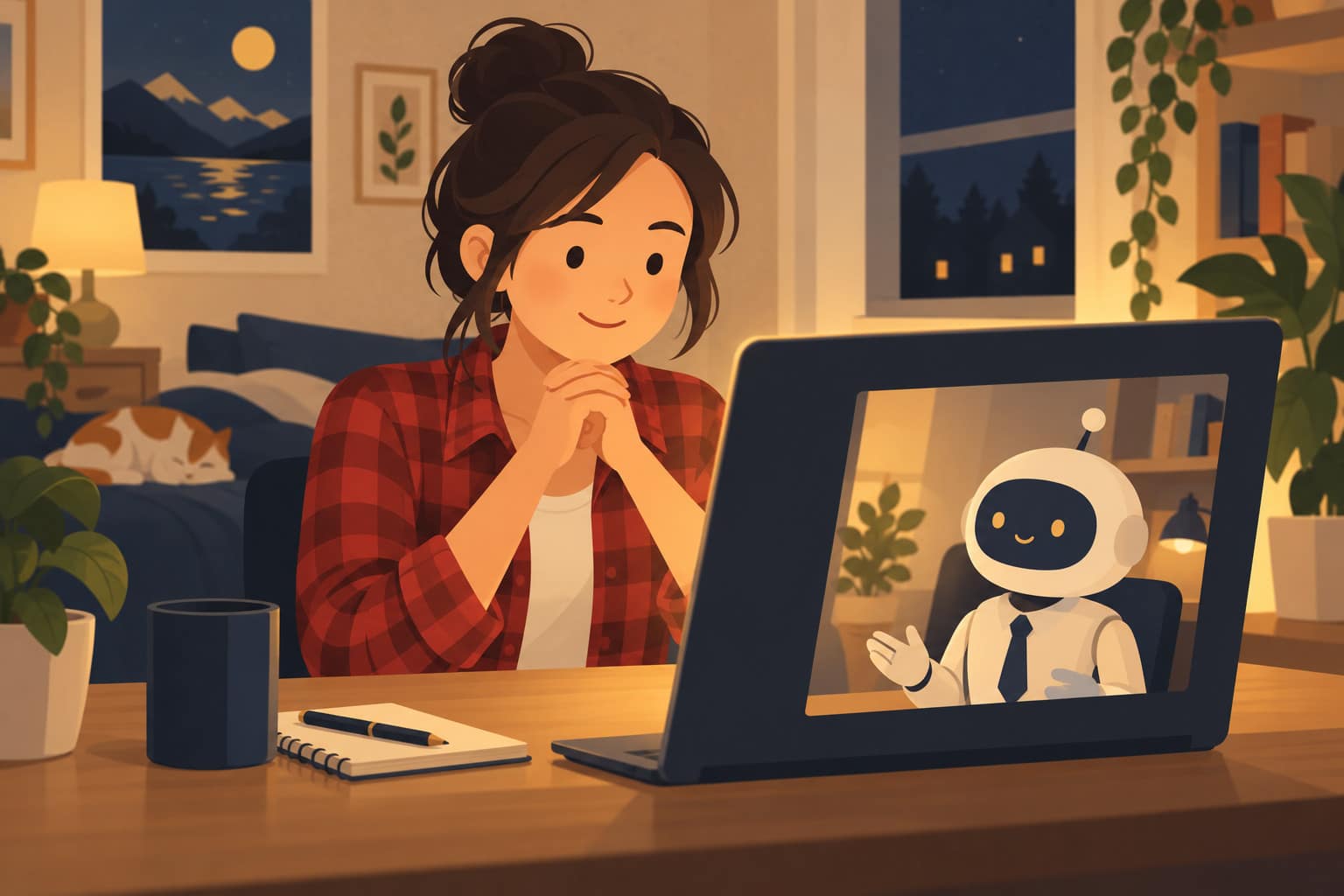 Cartoon of a woman in a red flannel shirt doing a mock job interview with a friendly robot on her laptop