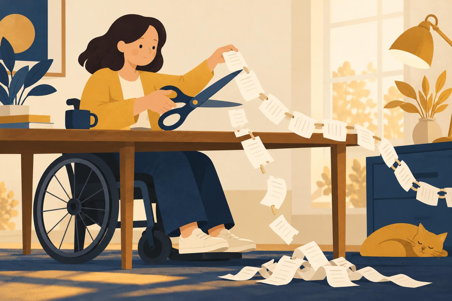 Cartoon of a wheelchair user in a mustard cardigan cutting a long chain of paper receipts with big scissors
