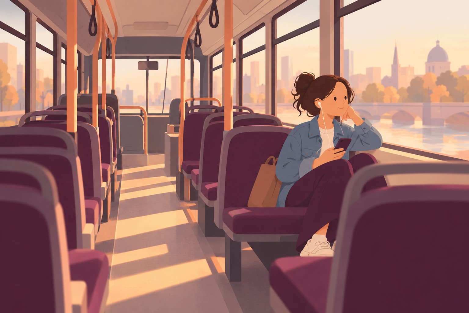 Cartoon of a woman in a denim jacket humming along to a drill on her phone on a bus