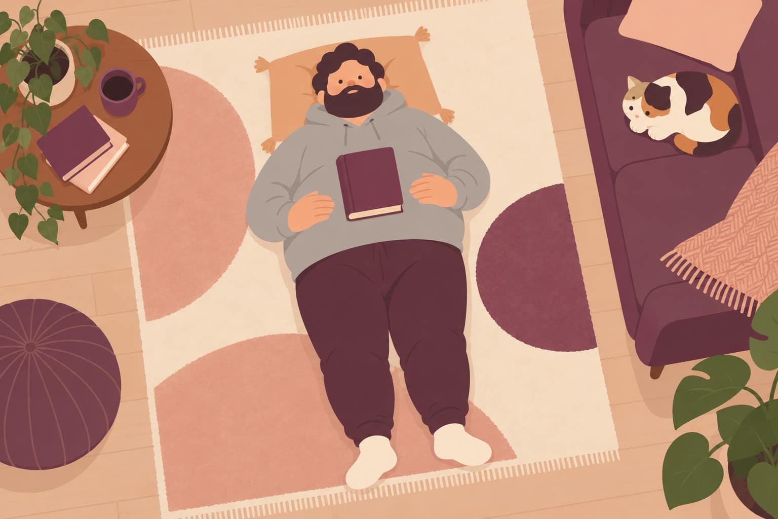 Cartoon of a man in a grey hoodie lying on a rug with a book rising on his belly as he breathes