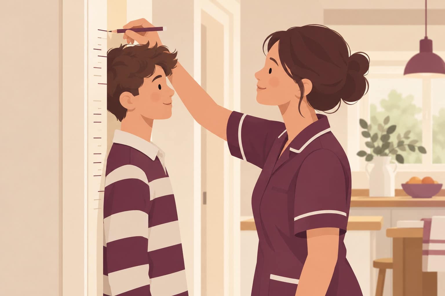 Cartoon of a teen in a rugby shirt having his height marked on a door frame by his mother