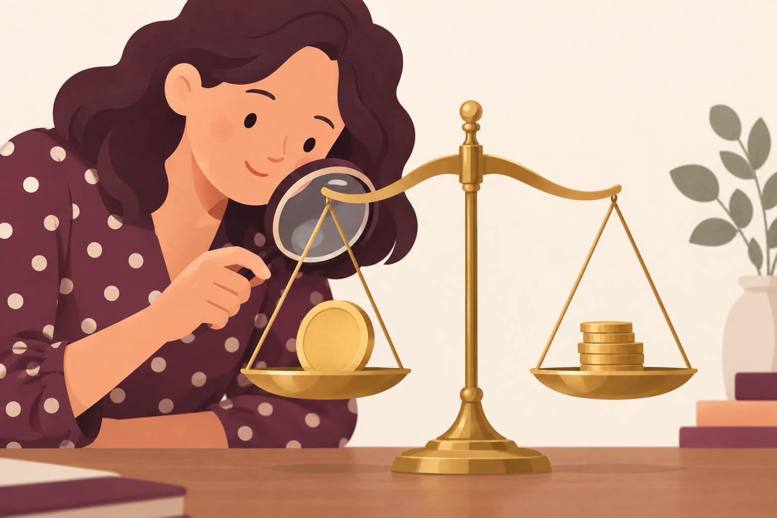 Cartoon of a woman in a polka-dot blouse weighing one big coin against a stack of small coins
