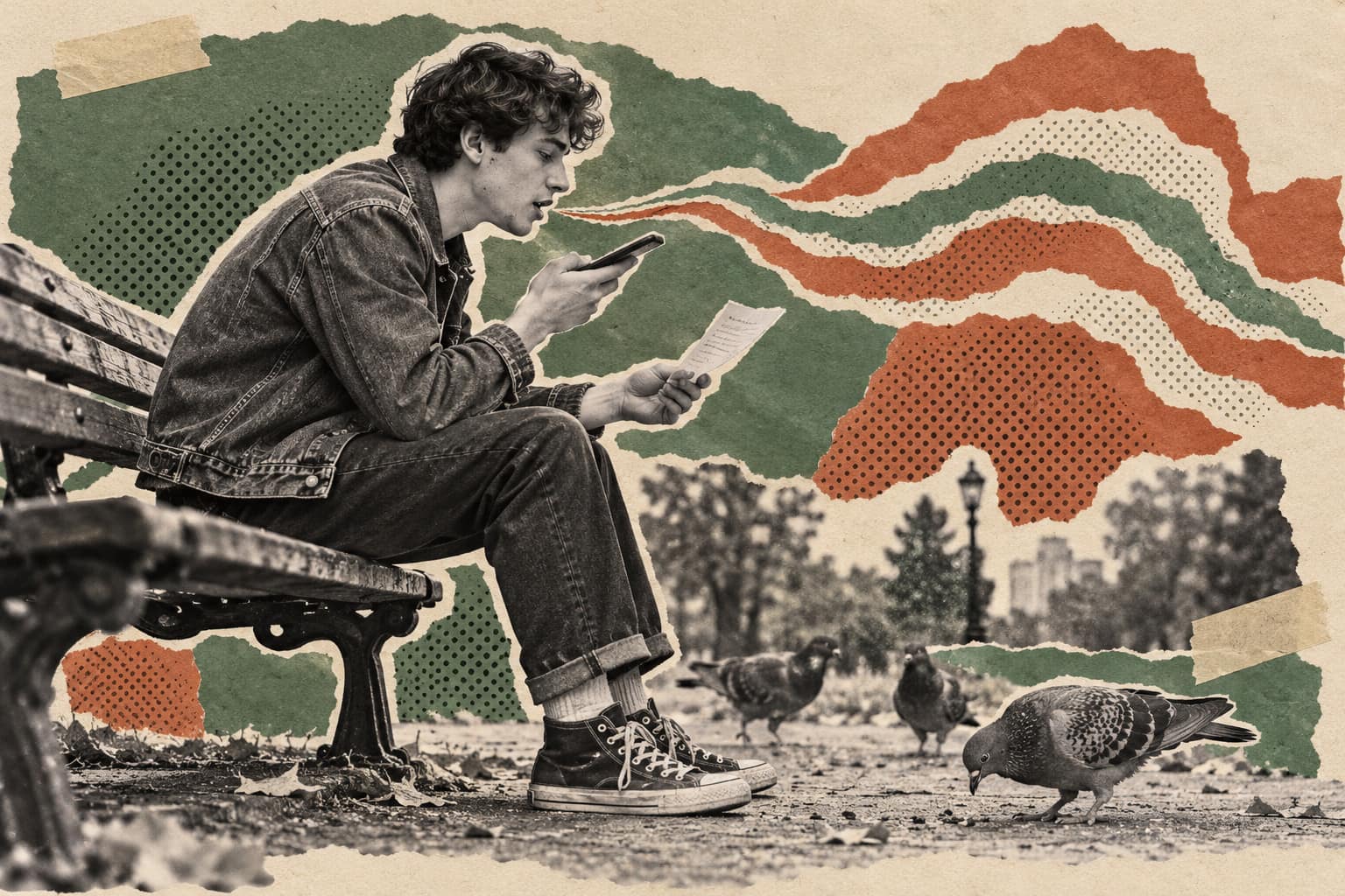 Collage of a young man in a denim jacket reading aloud into his phone on a park bench