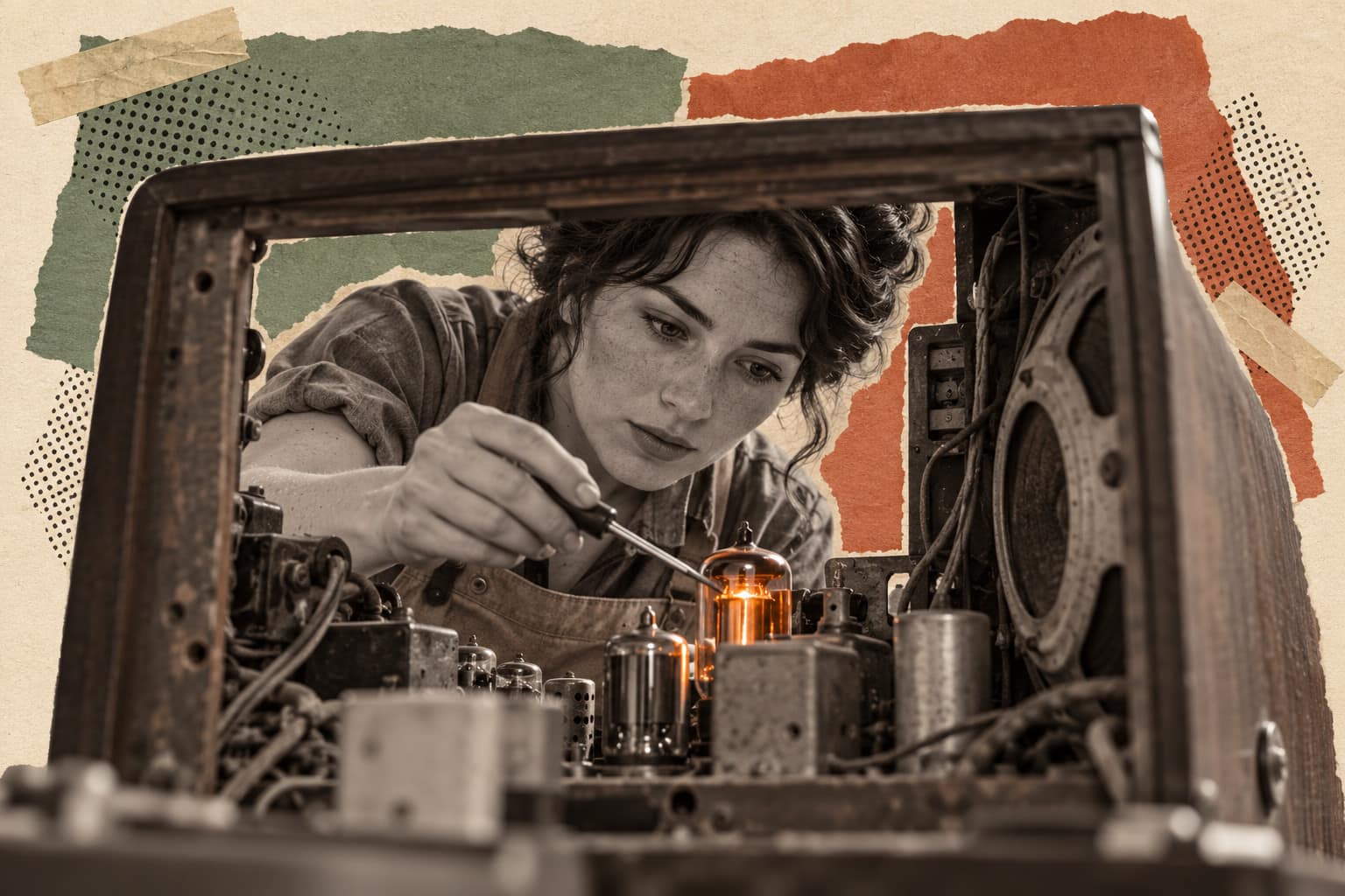 Collage of a technician in a work apron tuning the valves inside an open vintage radio