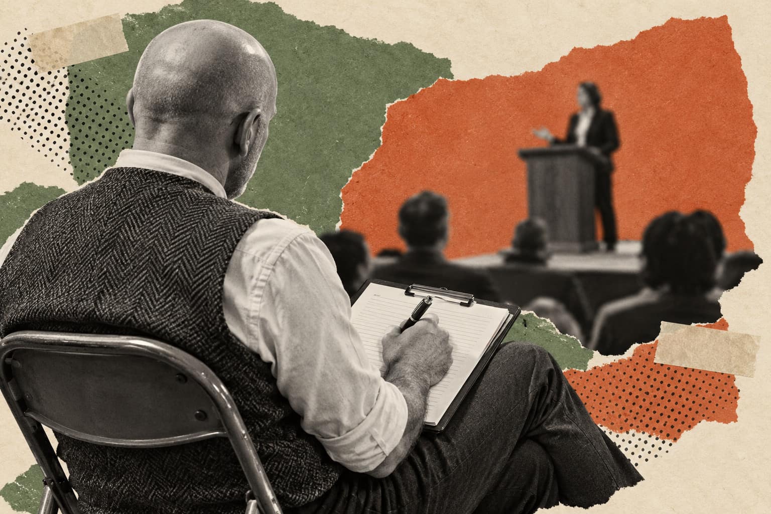 Collage of a bald man in a tweed waistcoat taking notes on a clipboard during a club speech