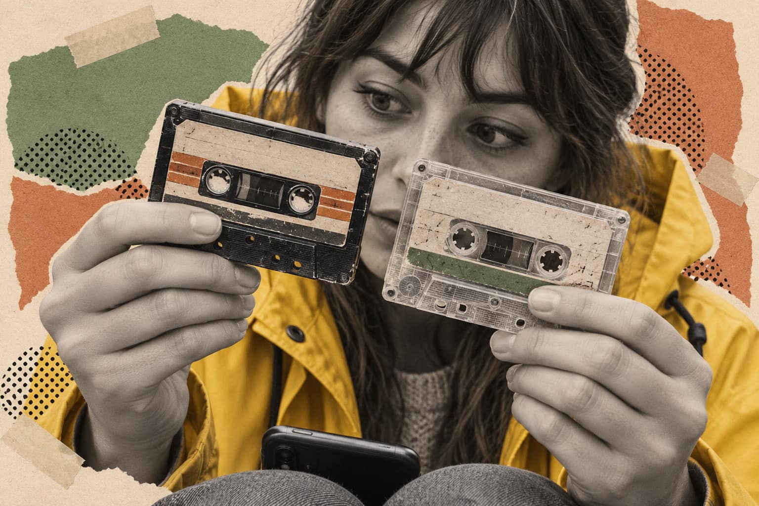 Collage of a woman in a yellow raincoat comparing two cassette tapes side by side