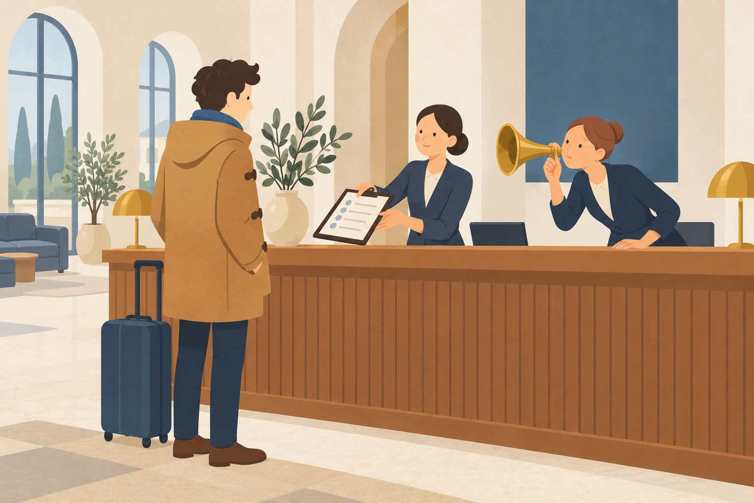 Cartoon of a man in a duffle coat at a desk where one receptionist has a clipboard and one an ear trumpet