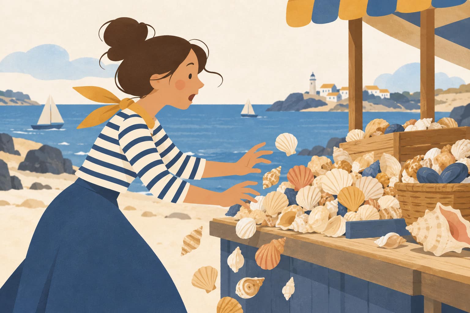 Cartoon of a woman in a sailor top saying a tongue twister at a sea-shell stall