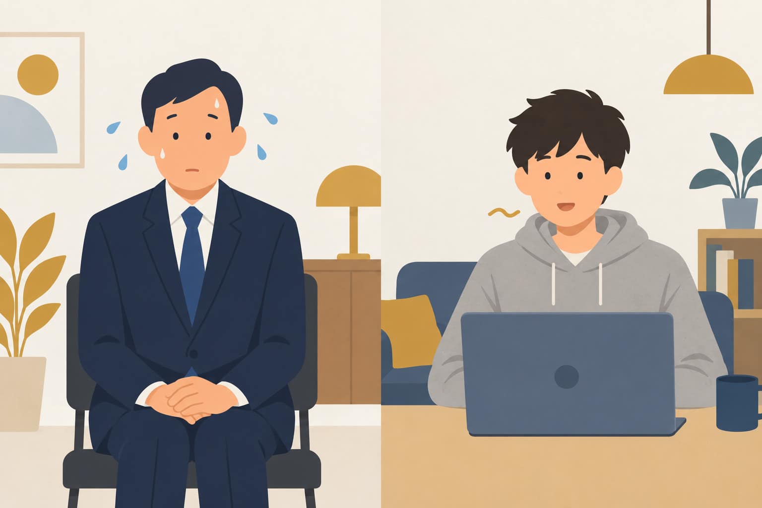 Cartoon of a frozen man in a suit at an interview beside a man in a hoodie on a thin-sounding video call