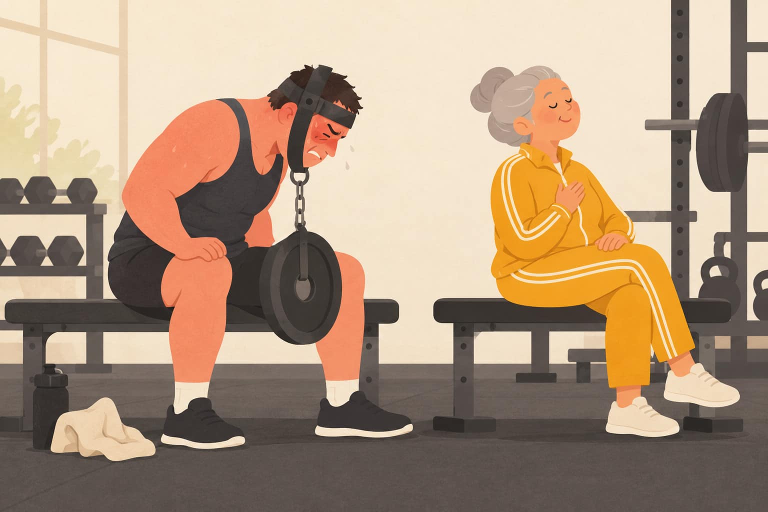 Cartoon of a stocky man straining in a gym neck harness while a relaxed woman in a tracksuit hums beside him