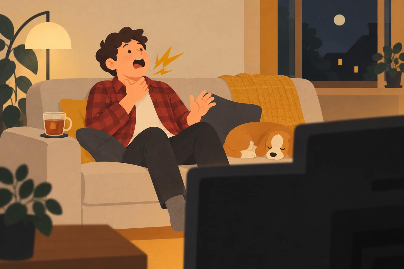 Cartoon of a young man on a sofa whose laugh cracks, his hand flying to his sore throat