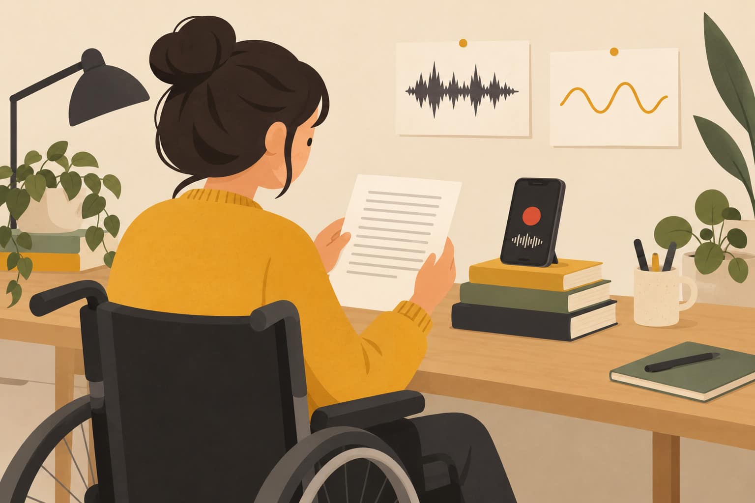 Cartoon of a wheelchair user recording herself reading a passage on a phone propped on books