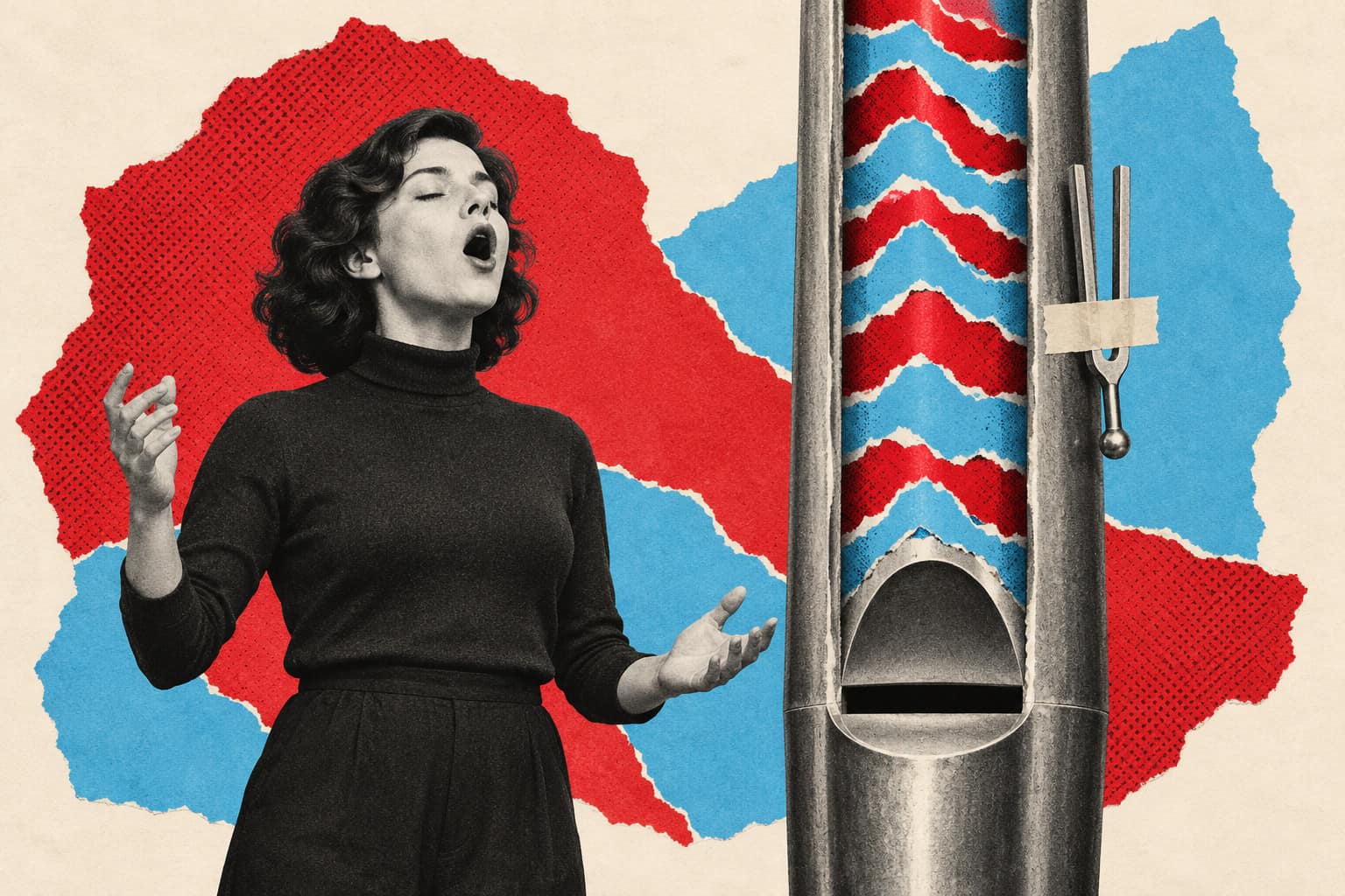 Collage of a singing woman beside a giant organ pipe with sound ripples bouncing inside it