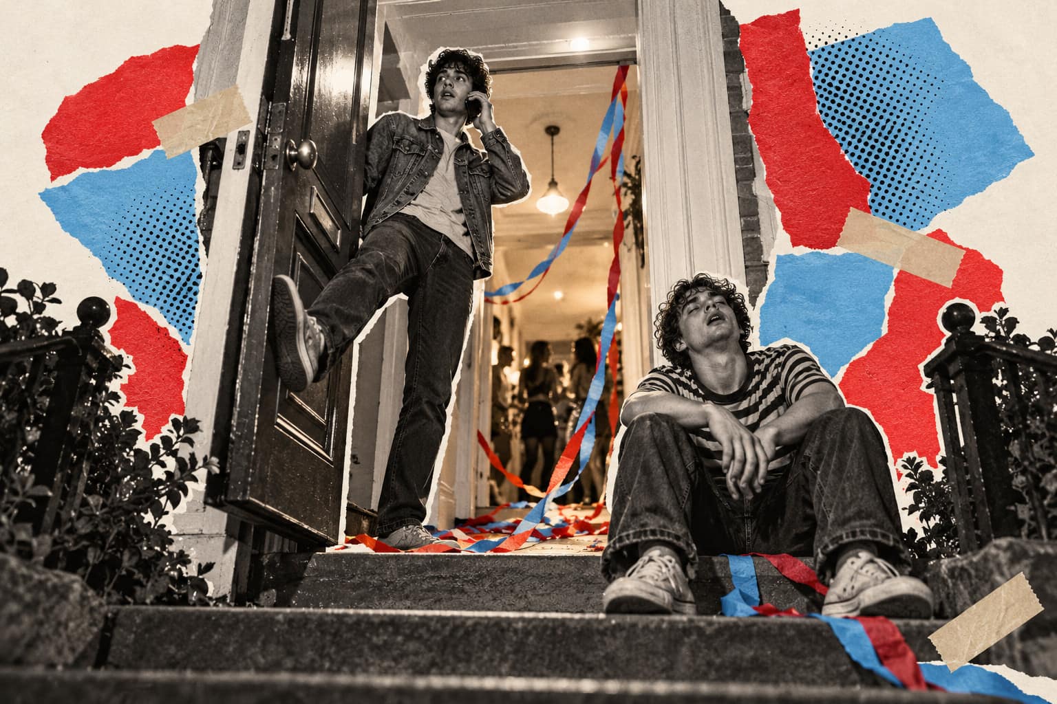 Collage of a young man holding a front door open while a dizzy friend sits on the doorstep