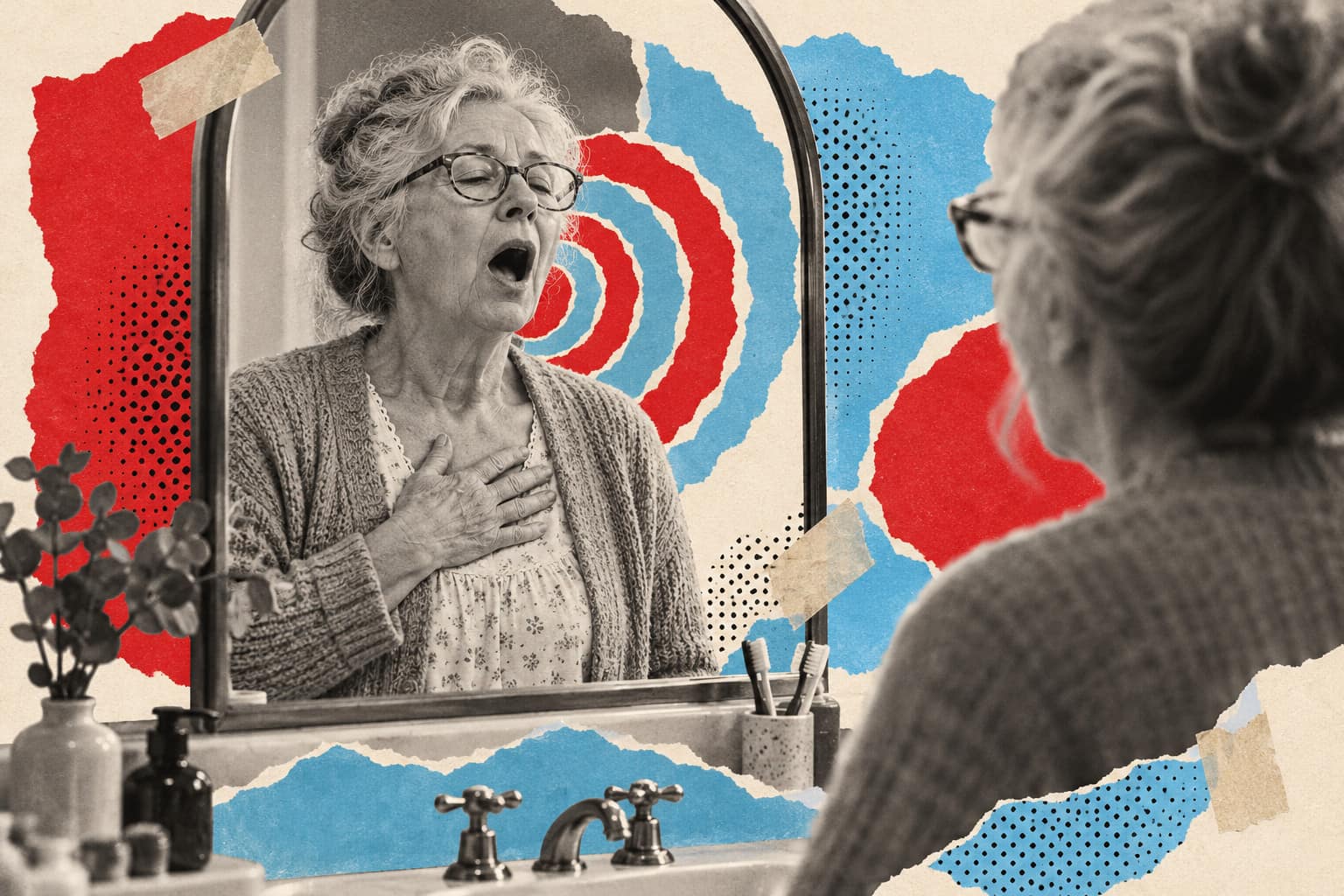 Collage of an older woman starting a small quiet yawn in her bathroom mirror, hand on her chest