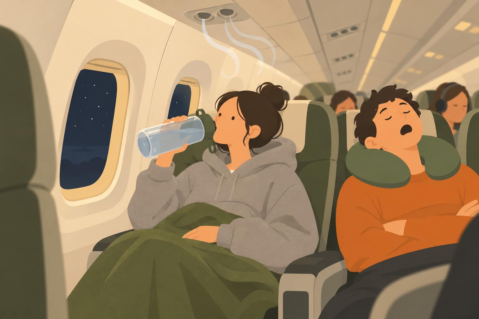 Cartoon of a woman in a grey hoodie on a plane sipping water, dry air blowing from the vent above