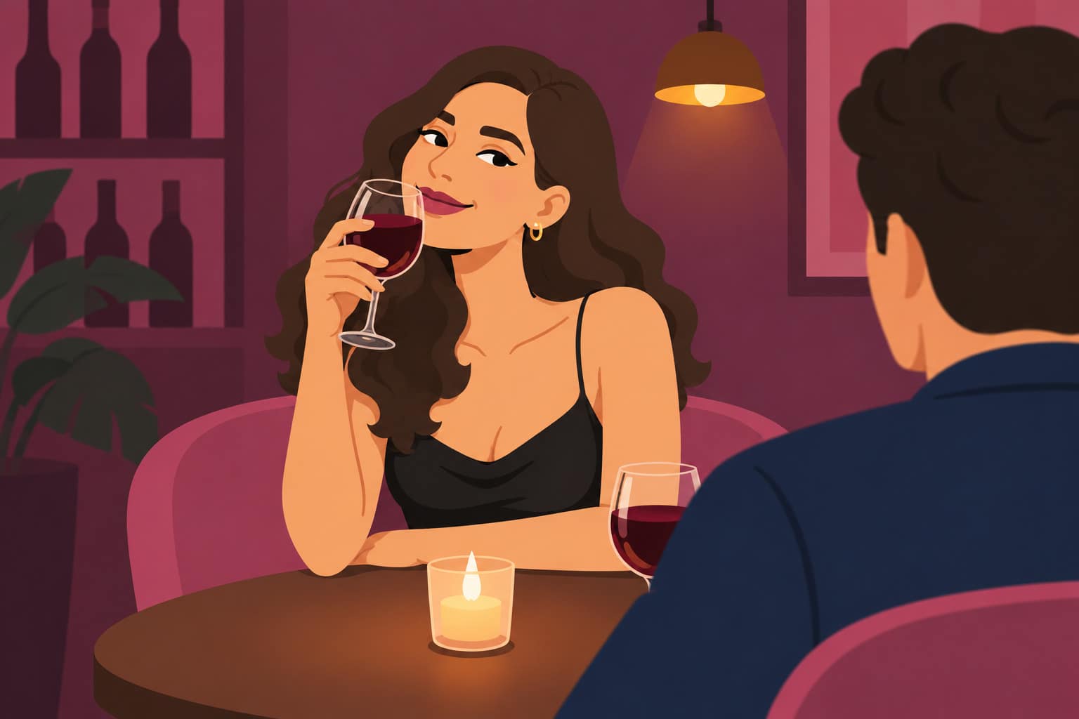 An illustration of a woman in a black slip dress smiling at her date over a glass of red wine in a candlelit wine bar