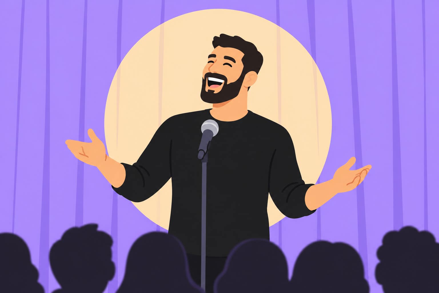 An illustration of a man speaking confidently on stage to a crowd