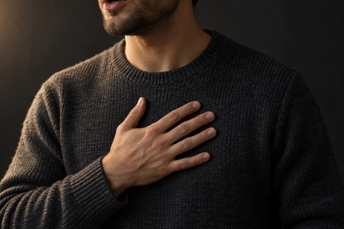 A man rests one hand on his chest as he speaks, feeling his voice buzz